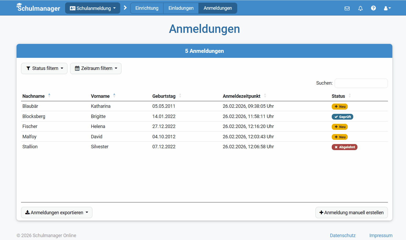 Schulanmeldungen prüfen und exportieren